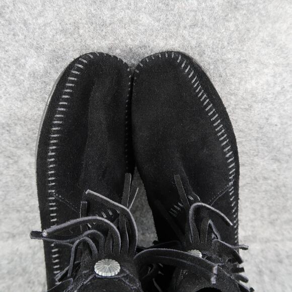 Minnetonka Shoes Womens 7.5 Bootie Moccasin Leather Hi Top Back Zip Fringe Black - Picture 8 of 13